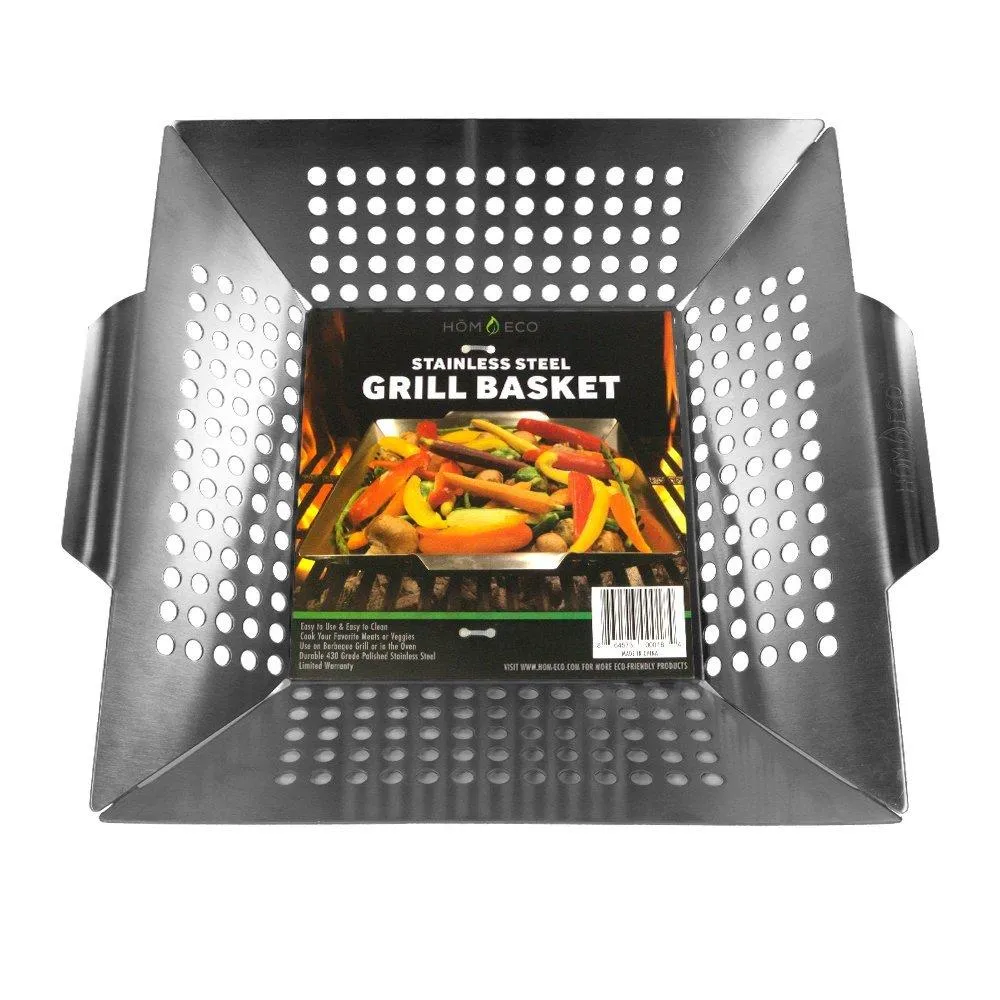 Vegetable Grill Basket By HomEco, Professional Grade 430 Stainless Steel Wok, Meat Grilling Basket, BBQ, Barbecue, Veggie, Fish, Quesadilla, Shrimp, Corn, Kabob- Outdoor Grilling Accessories