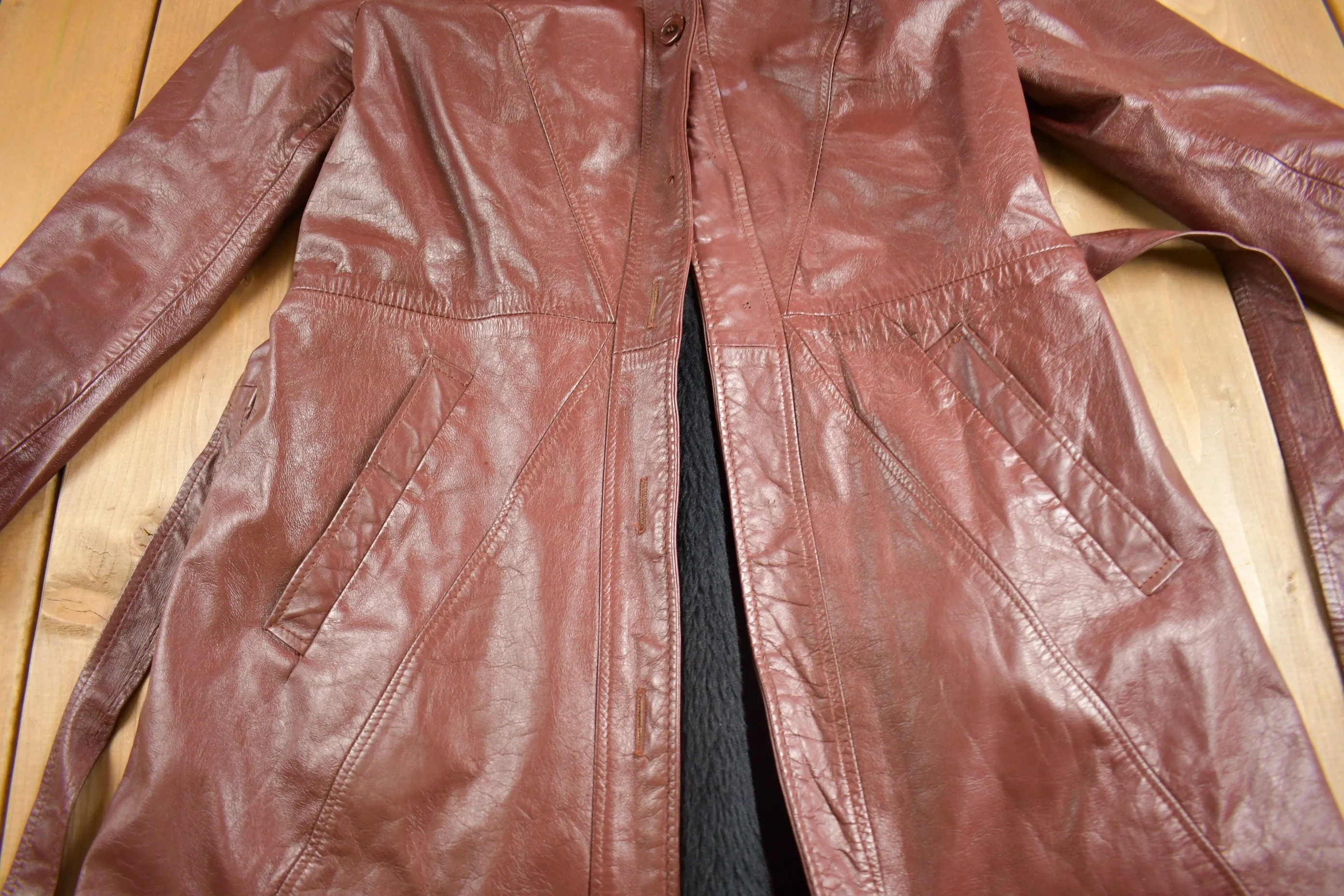 Vintage 1970s Genuine Red Leather Button Down Trench Coat