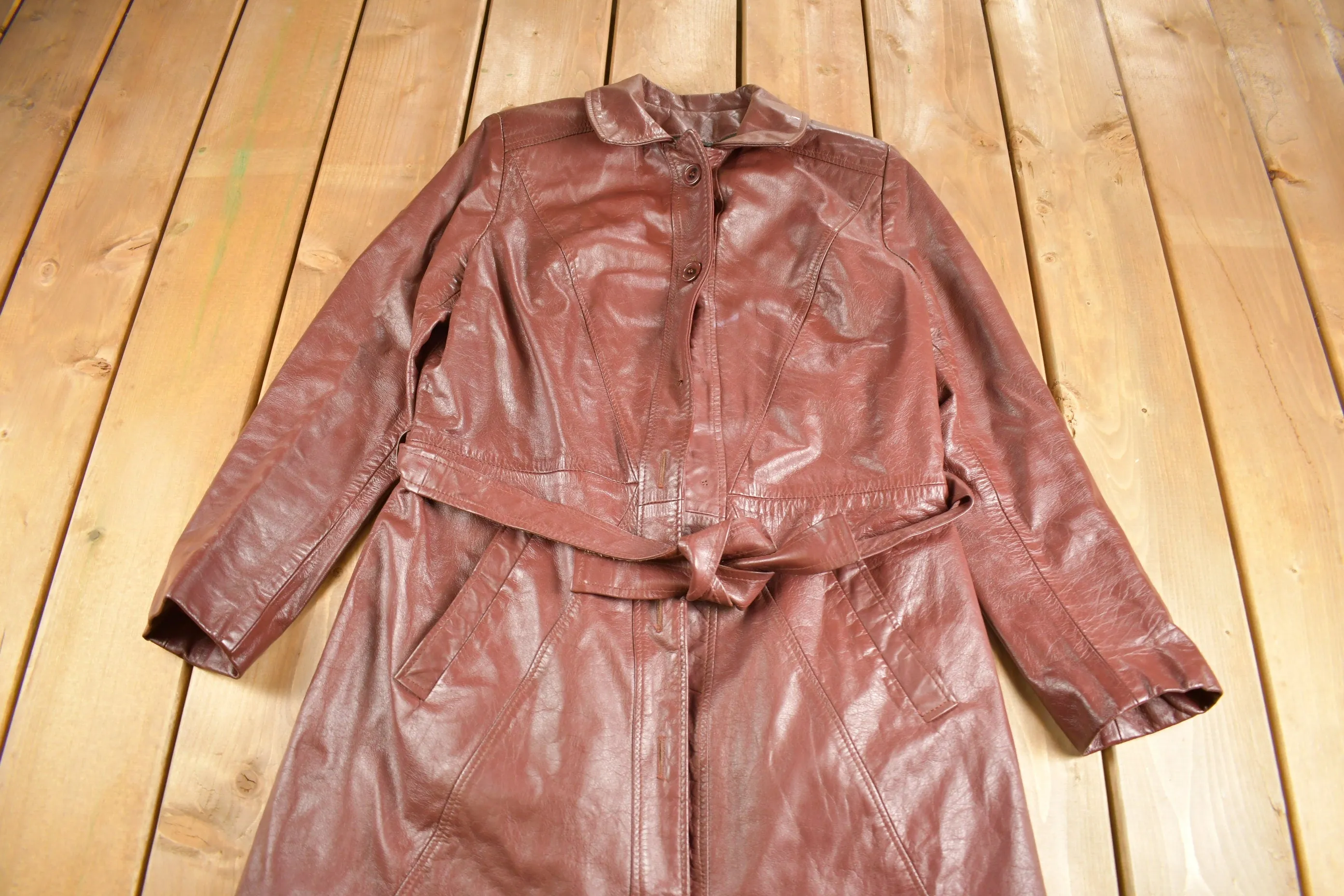 Vintage 1970s Genuine Red Leather Button Down Trench Coat