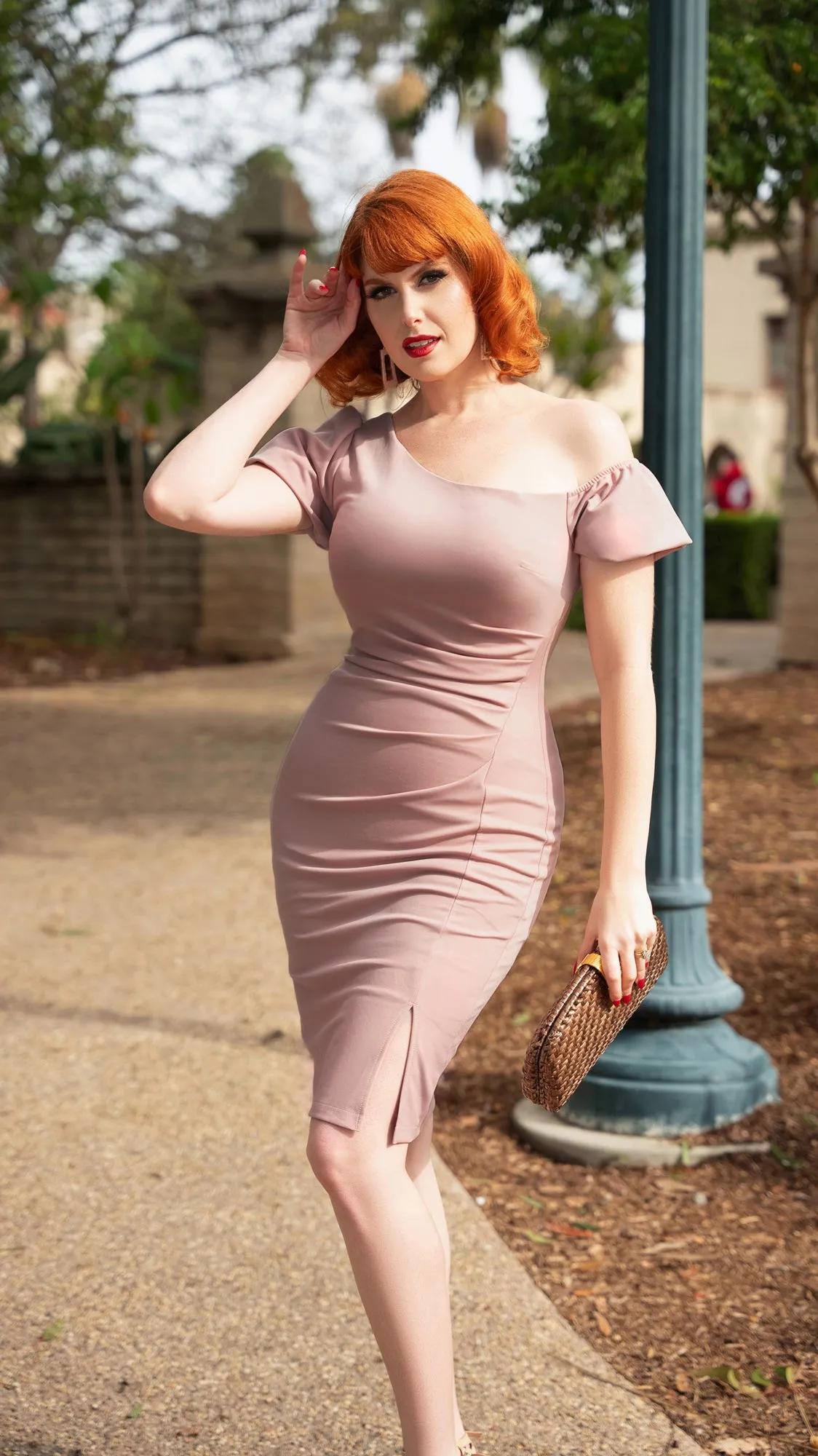 Vintage One Shoulder Dress Front Slit Below-Knee Ruched Bodycon Dress