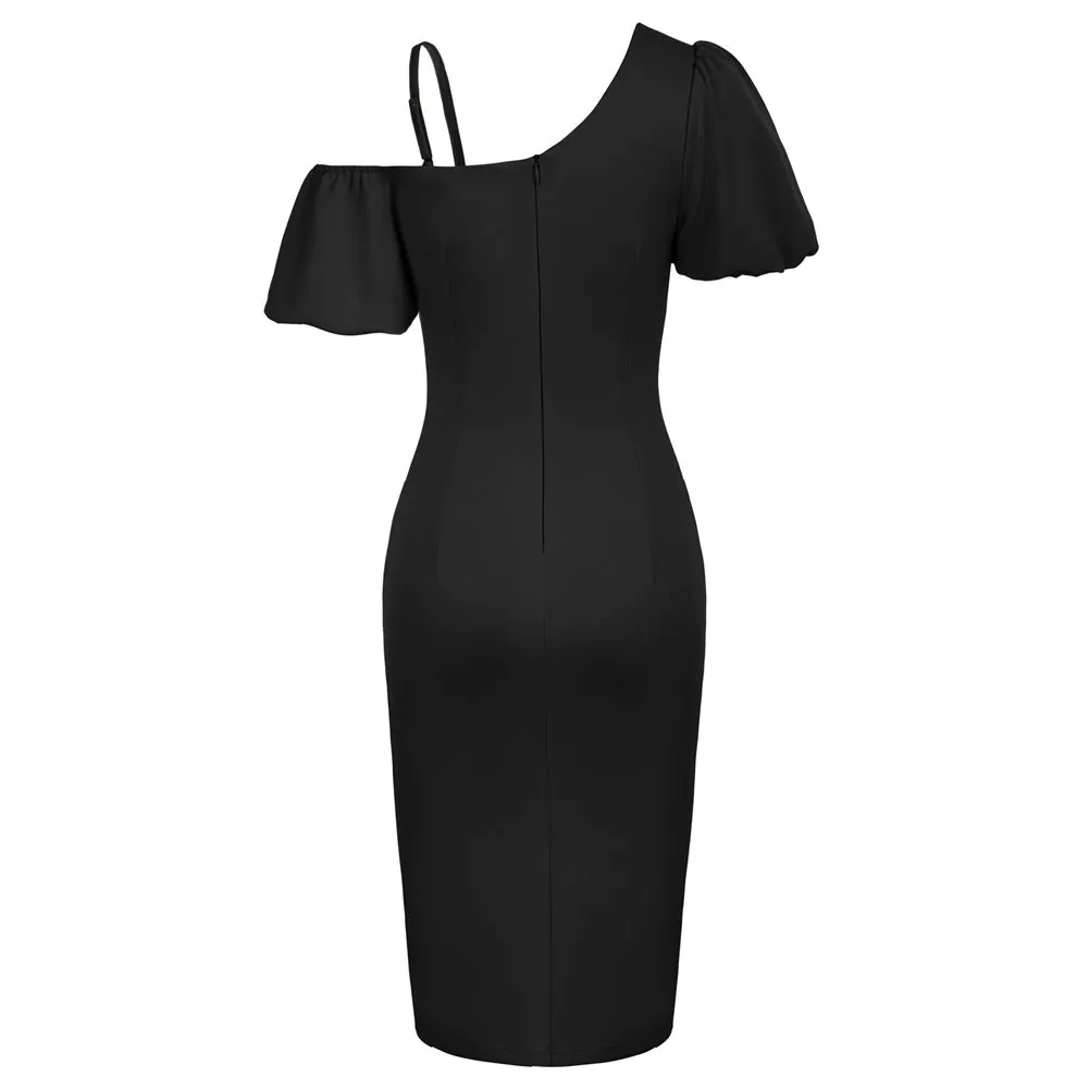 Vintage One Shoulder Dress Front Slit Below-Knee Ruched Bodycon Dress