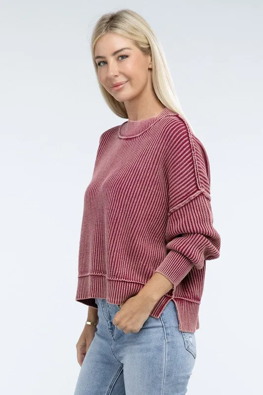 *Washed Side Slit Oversized Cropped Sweater