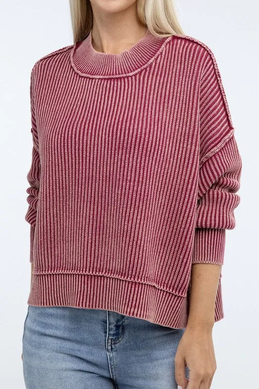 *Washed Side Slit Oversized Cropped Sweater