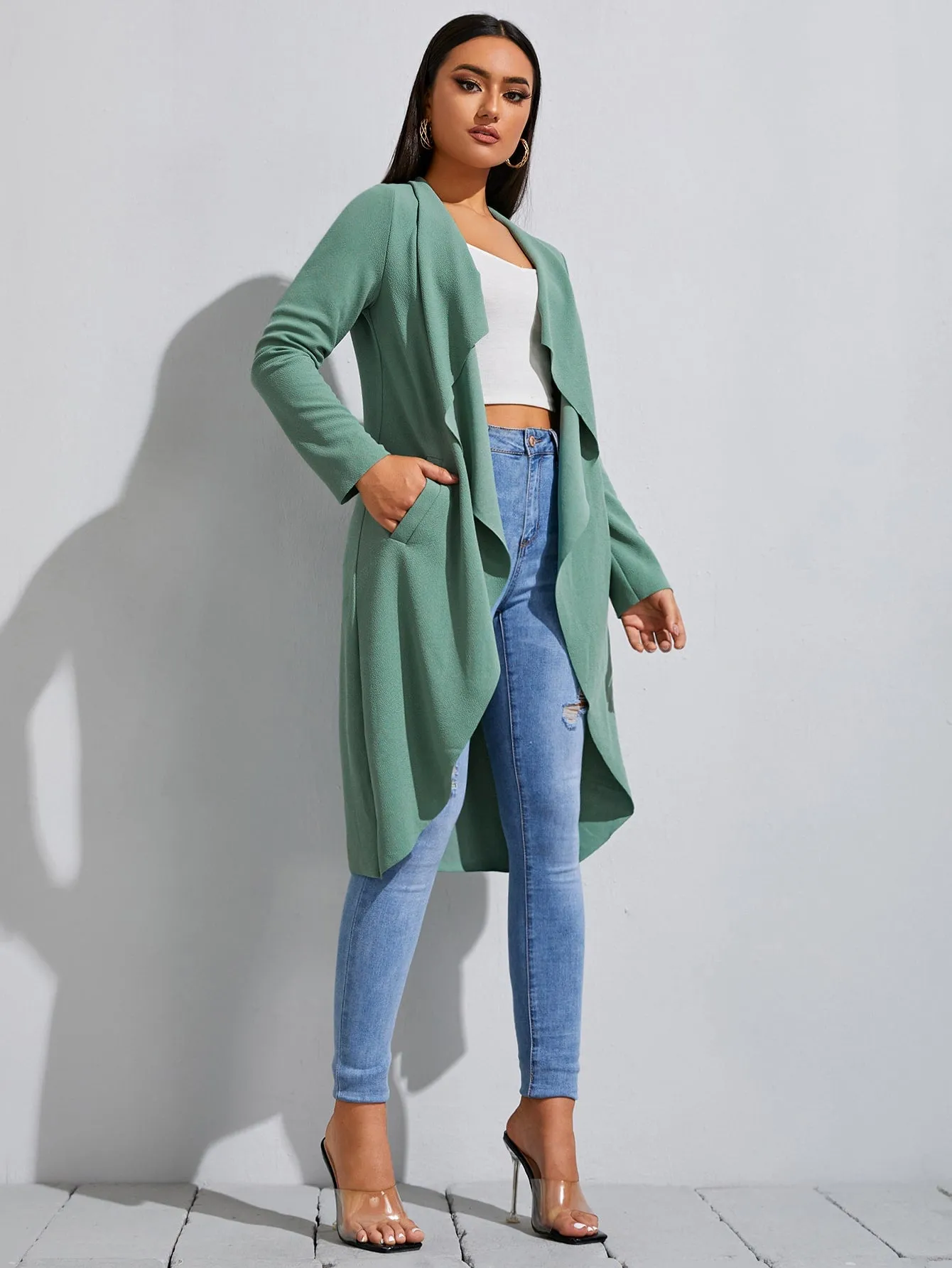 Waterfall Collar Slant Pocket Coat