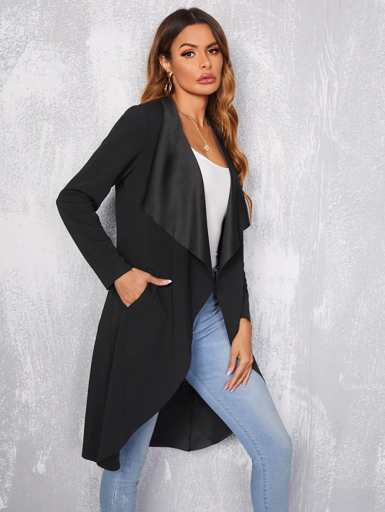 Waterfall Collar Slant Pocket Coat