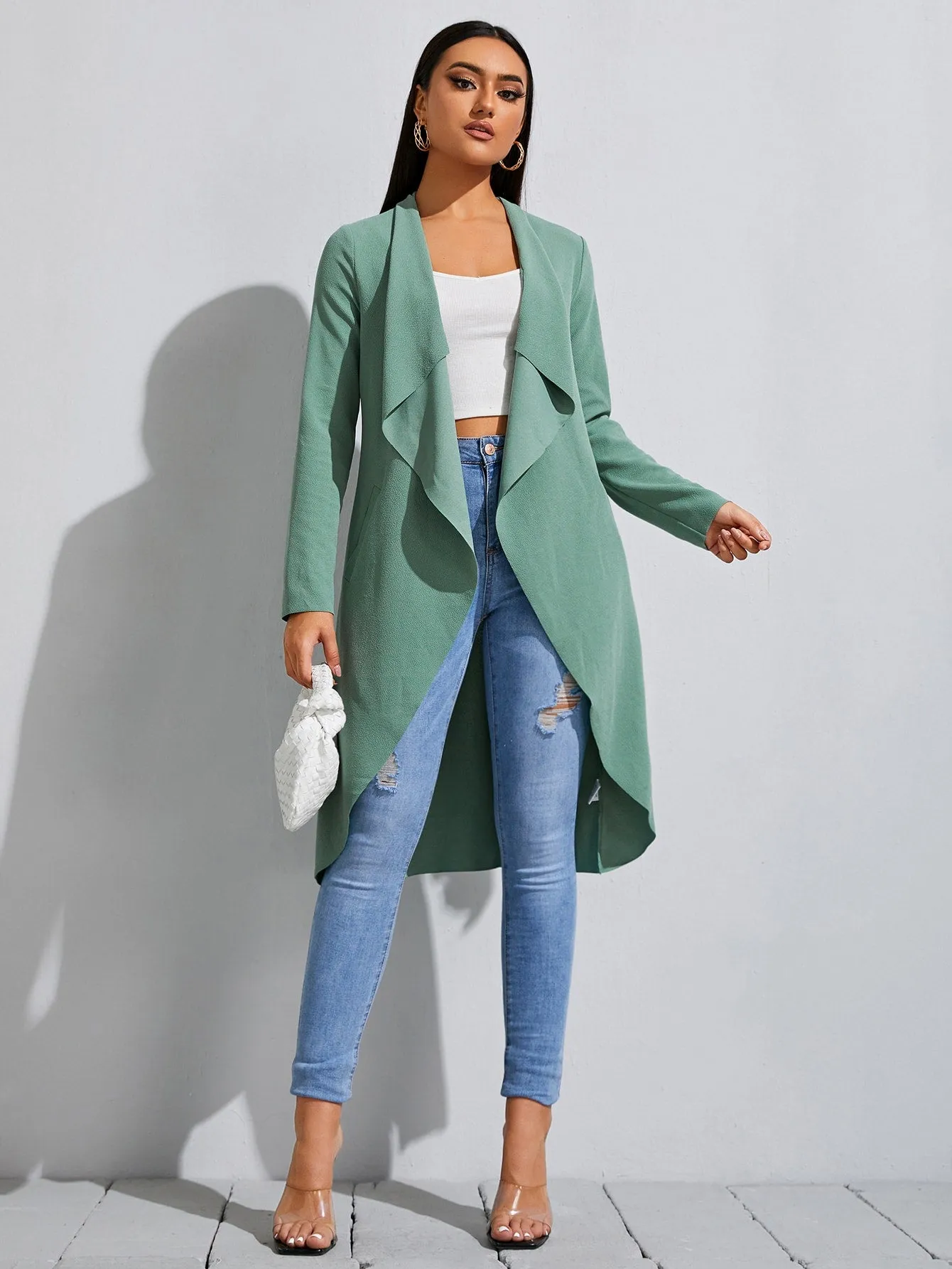 Waterfall Collar Slant Pocket Coat