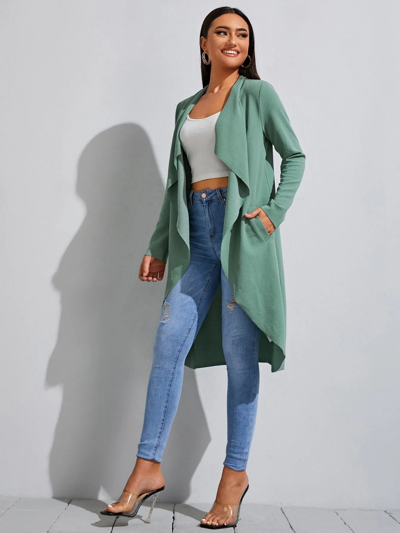 Waterfall Collar Slant Pocket Coat