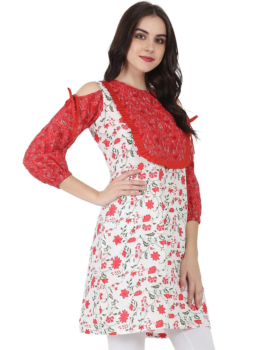 White & Red Printed 3/4Th Sleeve Cotton Cold Shoulder Tunic