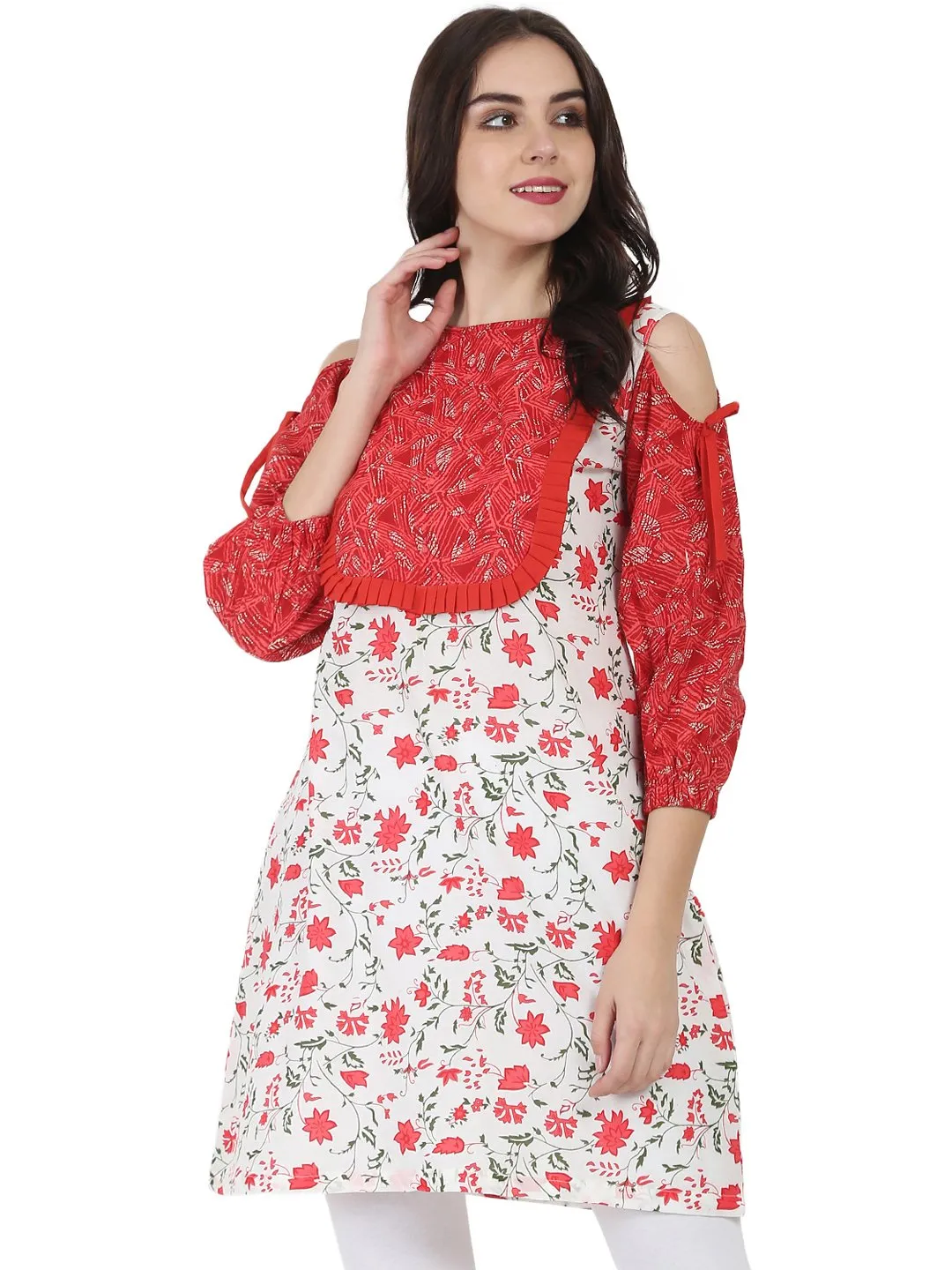 White & Red Printed 3/4Th Sleeve Cotton Cold Shoulder Tunic