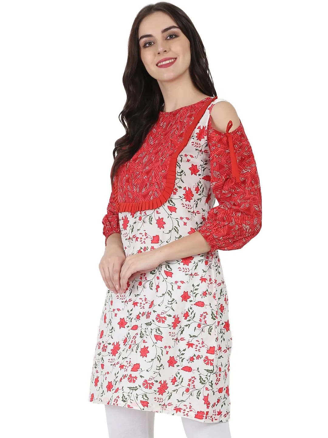 White & Red Printed 3/4Th Sleeve Cotton Cold Shoulder Tunic