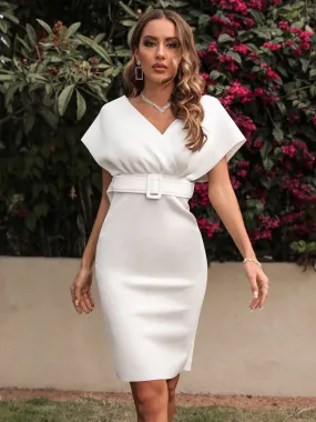 White Short Sleeve Party Dress With Belt