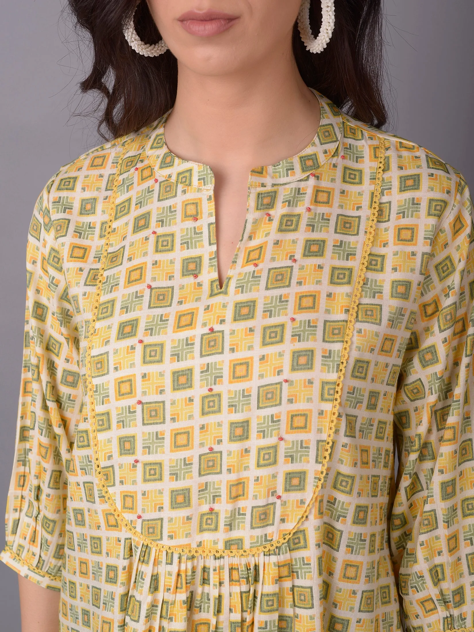 Winter Wear - Women Mustard Geometric Printed Tunic