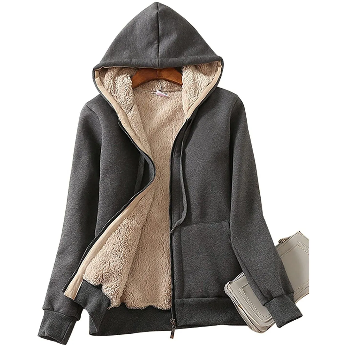 Women's Casual Winter Warm Sherpa Lined Zip Up Hooded Sweatshirt Jacket