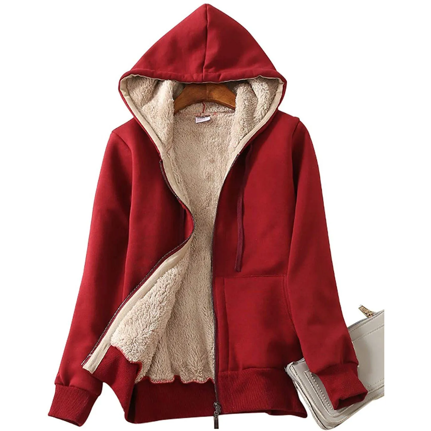 Women's Casual Winter Warm Sherpa Lined Zip Up Hooded Sweatshirt Jacket