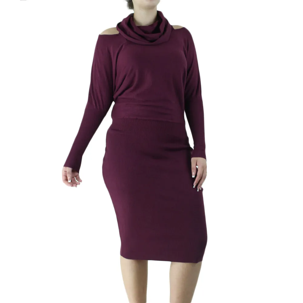 Women's Cold Shoulder Sweater Dress,Burgundy