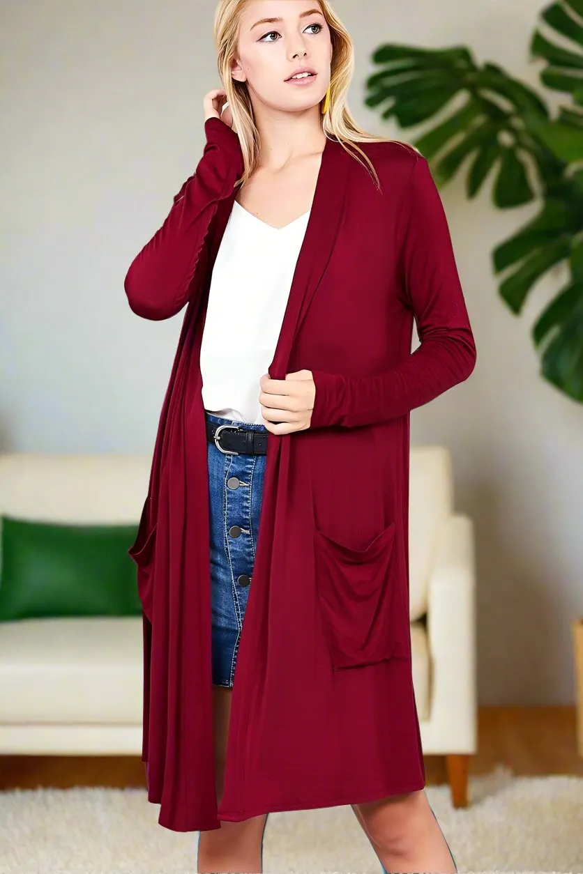 Womens Maroon Cardigan, Long Pocket Duster, Sizes S/M/L/XL, Solid Maroon