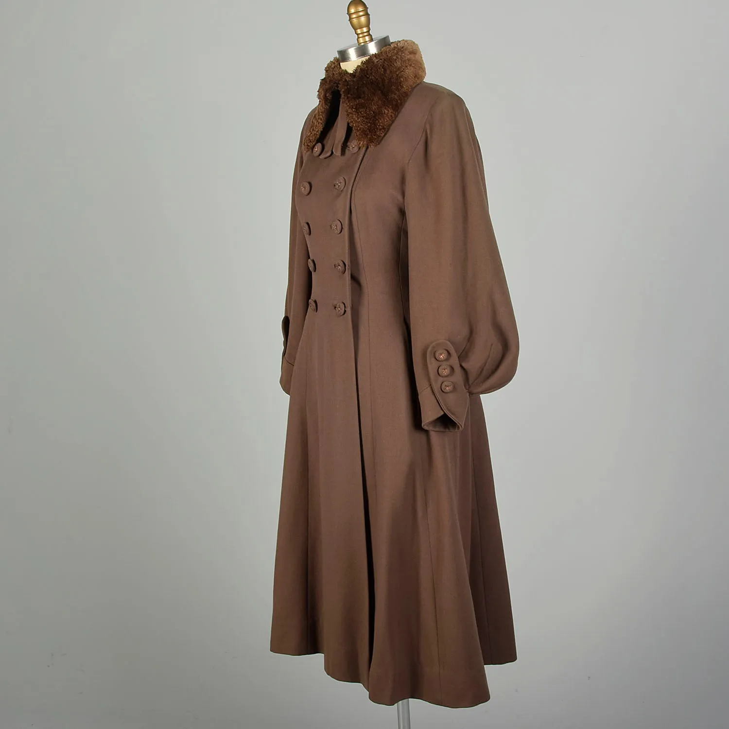 XXS 1940s Princess Coat  Light Brown Statement Sleeves Sheared Fur Collar Double Breasted