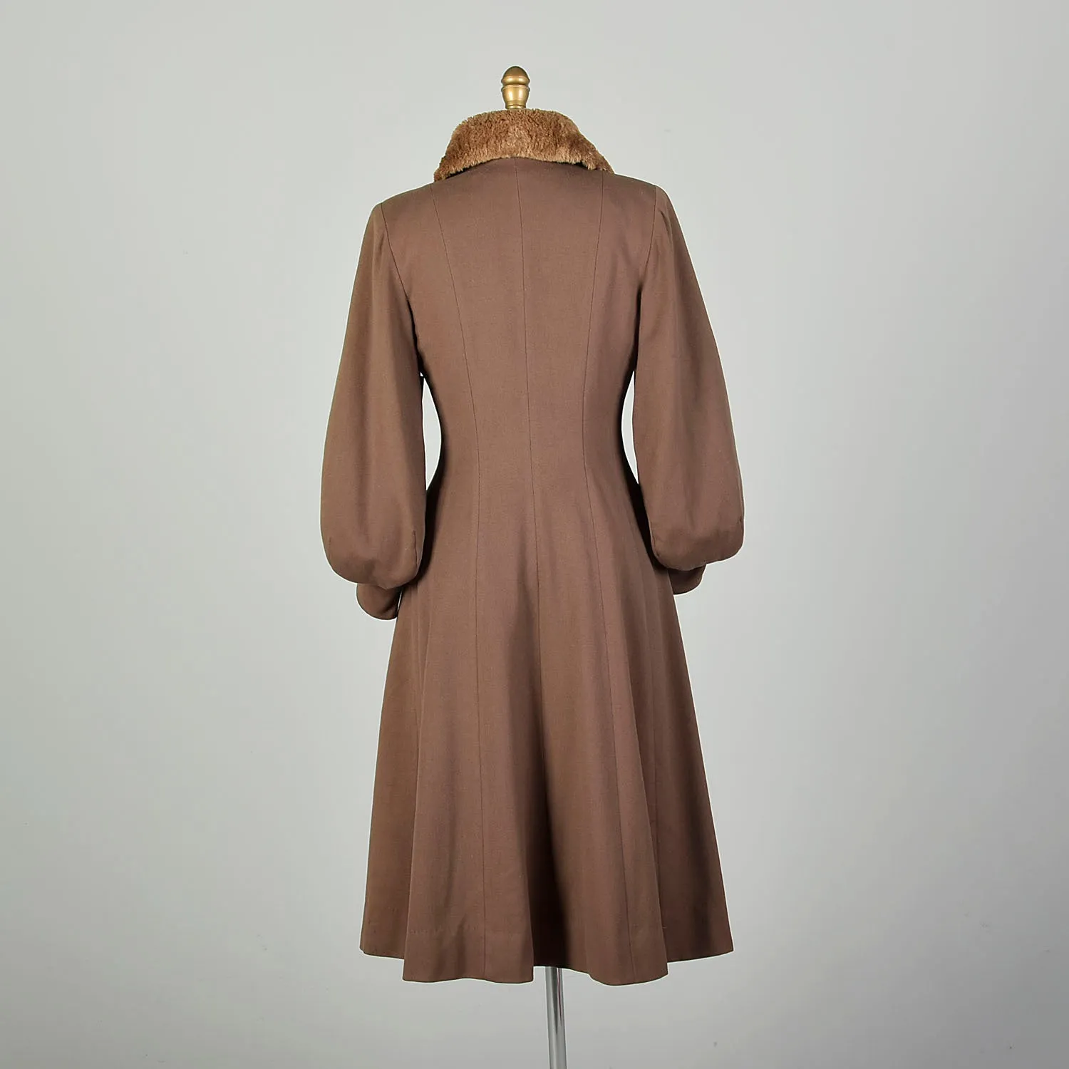 XXS 1940s Princess Coat  Light Brown Statement Sleeves Sheared Fur Collar Double Breasted