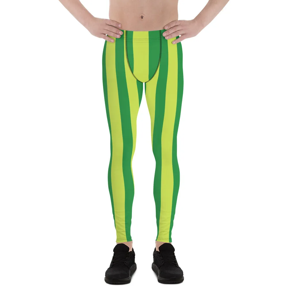 Yellow Green Stripes Men's Leggings, Striped Print Colorful Meggings Tights-Made in USA/EU/MX