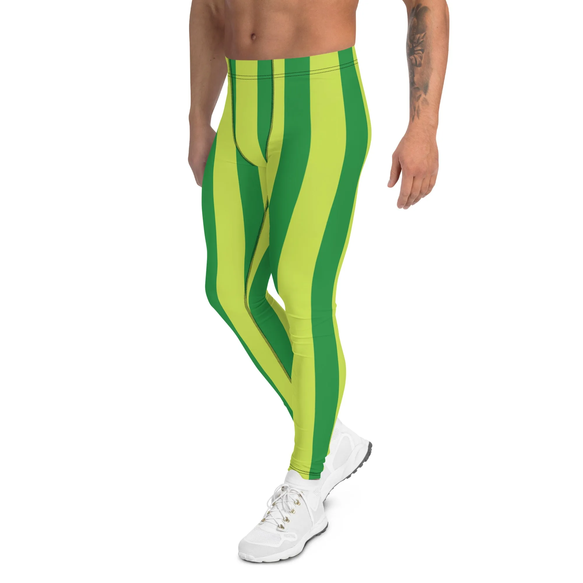 Yellow Green Stripes Men's Leggings, Striped Print Colorful Meggings Tights-Made in USA/EU/MX