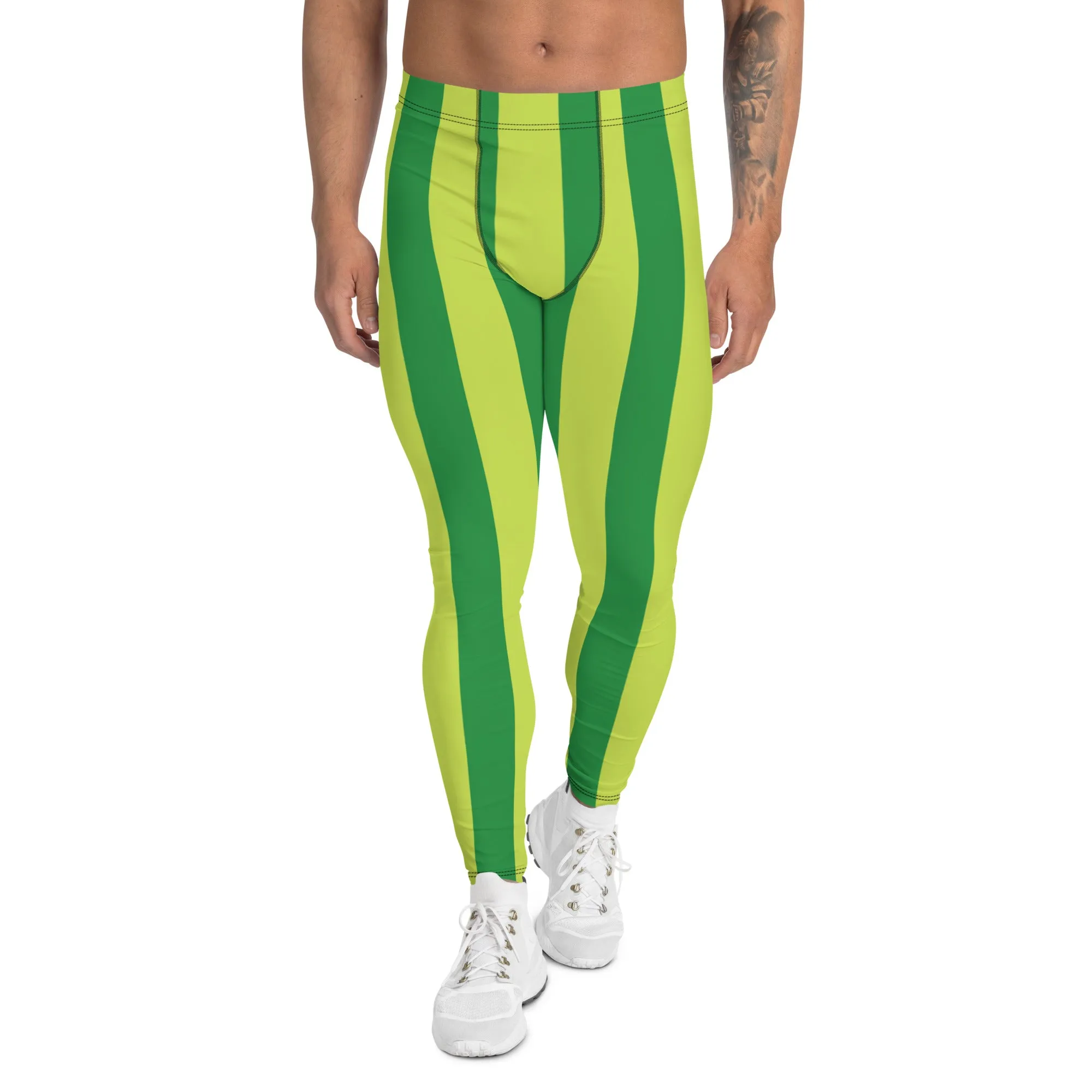 Yellow Green Stripes Men's Leggings, Striped Print Colorful Meggings Tights-Made in USA/EU/MX