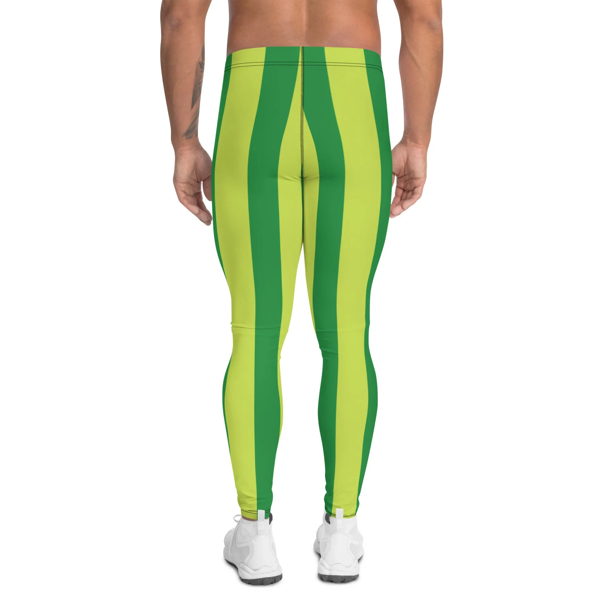 Yellow Green Stripes Men's Leggings, Striped Print Colorful Meggings Tights-Made in USA/EU/MX