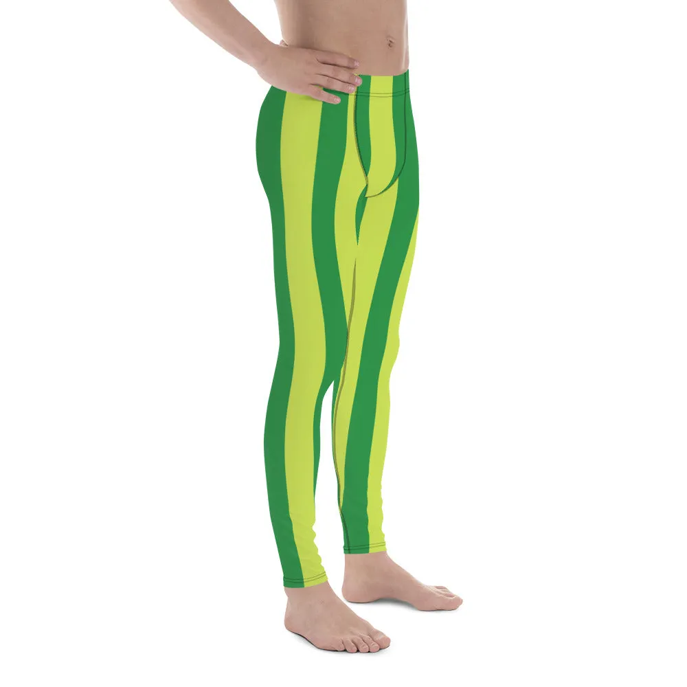 Yellow Green Stripes Men's Leggings, Striped Print Colorful Meggings Tights-Made in USA/EU/MX