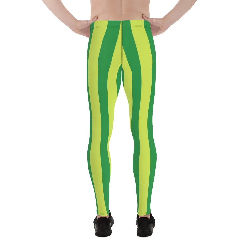 Yellow Green Stripes Men's Leggings, Striped Print Colorful Meggings Tights-Made in USA/EU/MX