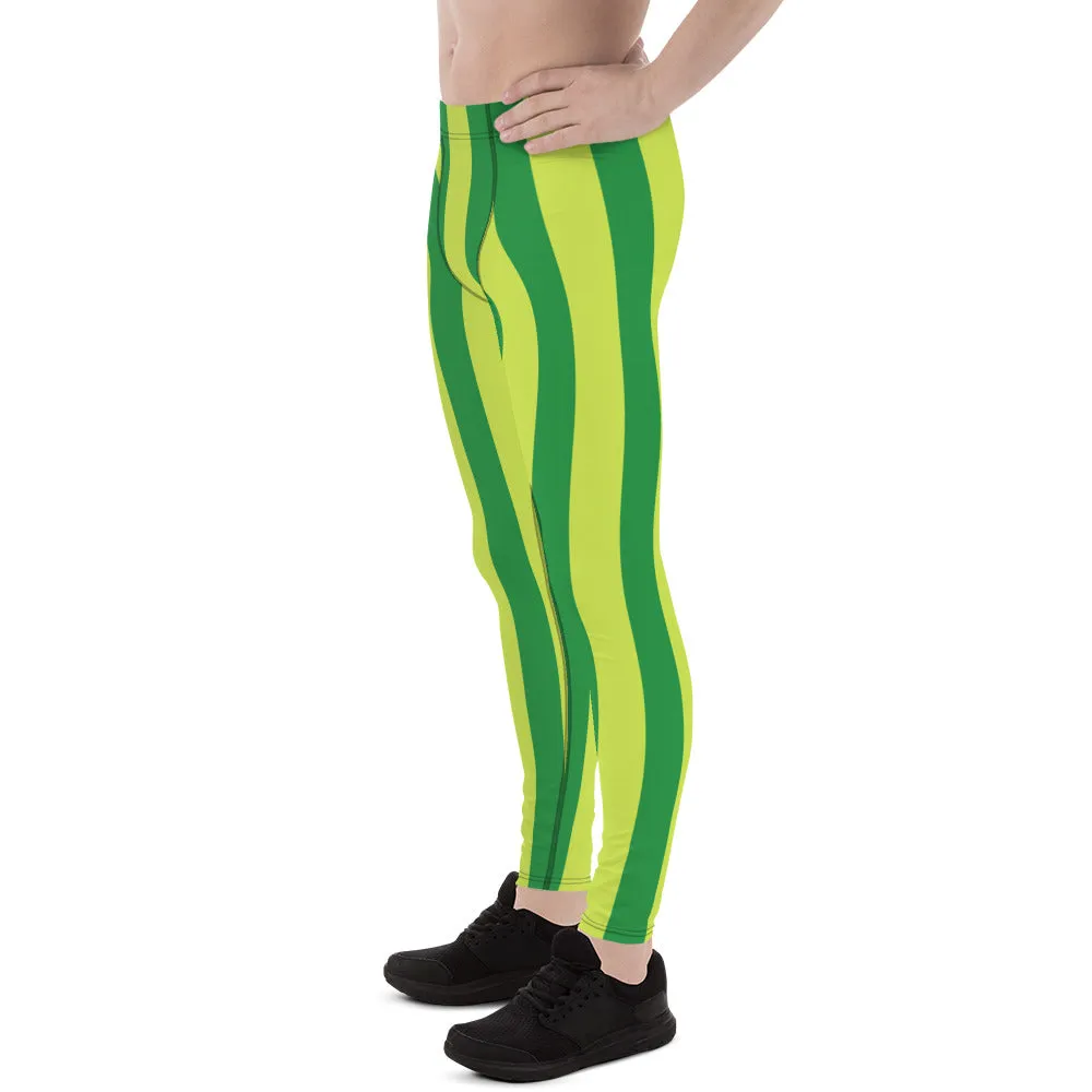 Yellow Green Stripes Men's Leggings, Striped Print Colorful Meggings Tights-Made in USA/EU/MX