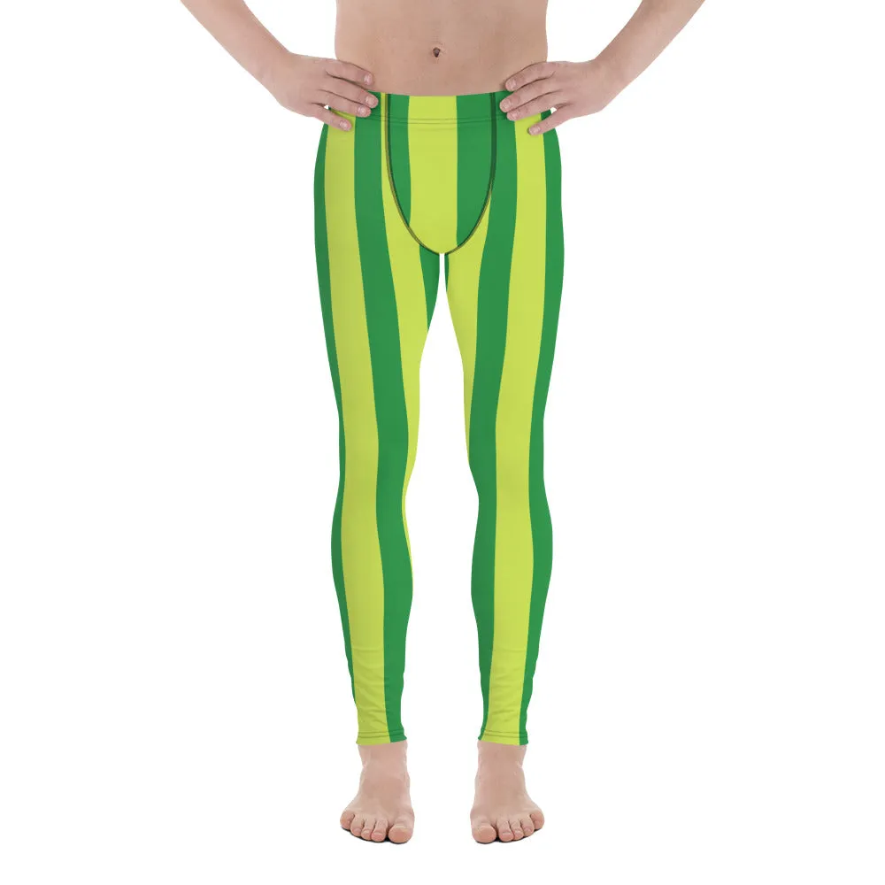 Yellow Green Stripes Men's Leggings, Striped Print Colorful Meggings Tights-Made in USA/EU/MX