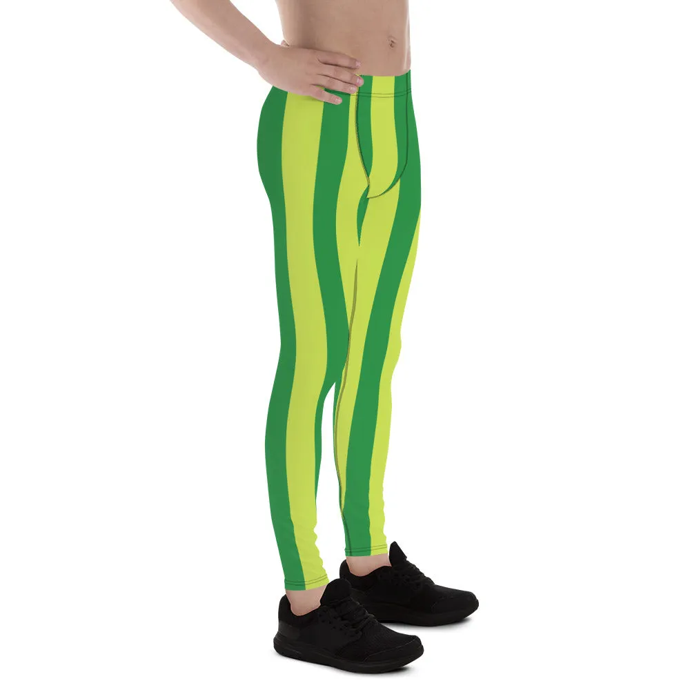 Yellow Green Stripes Men's Leggings, Striped Print Colorful Meggings Tights-Made in USA/EU/MX