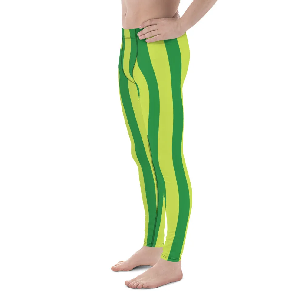 Yellow Green Stripes Men's Leggings, Striped Print Colorful Meggings Tights-Made in USA/EU/MX