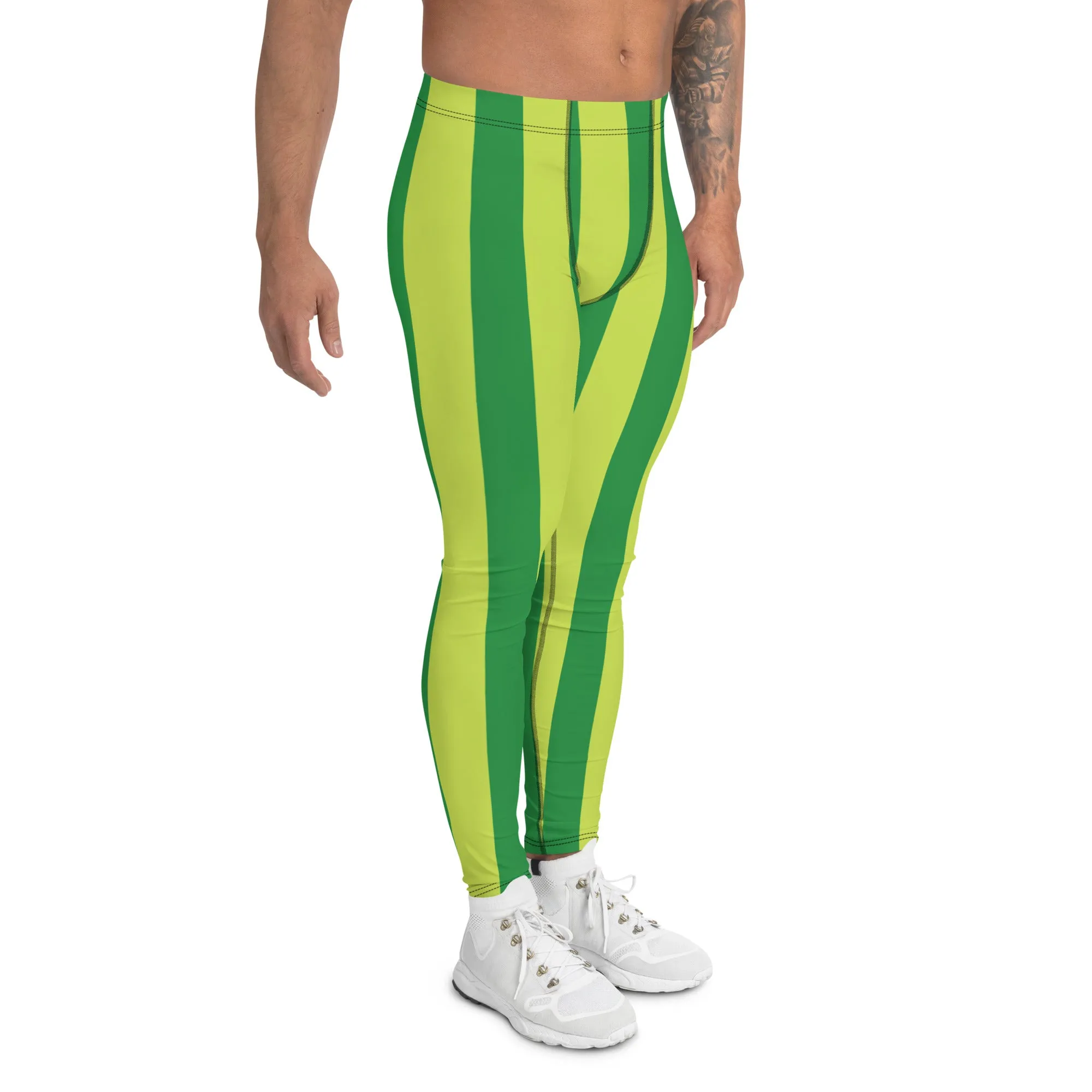 Yellow Green Stripes Men's Leggings, Striped Print Colorful Meggings Tights-Made in USA/EU/MX